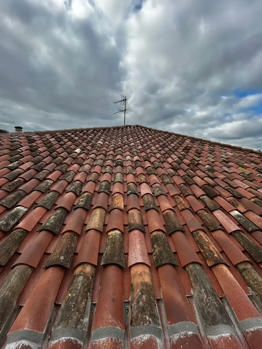 Toiture ancienne dont les tuiles patinées ont été conservées lors de la réfection